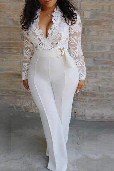 Women's White Lace V-Neck Jumpsuit - Fashion 5